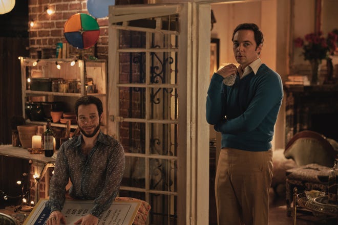 Emory (Robin de Jesus, left) and Michael (Jim Parsons) attend the party from hell in Netflix's "The Boys in the Band," an adaptation of the monumental gay play.