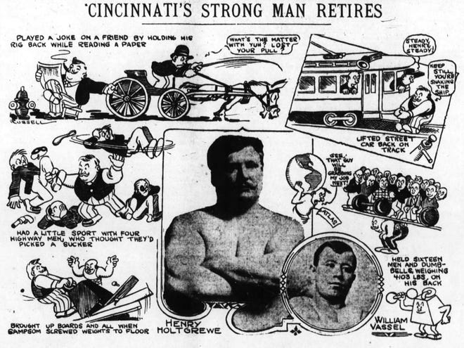A cartoon of Cincinnati Strongman Henry Holtgrewe by Enquirer cartoonist Harold Russell shows some of Holtgrewe's amazing feats of strength. From The Cincinnati Enquirer, Feb. 28, 1915.