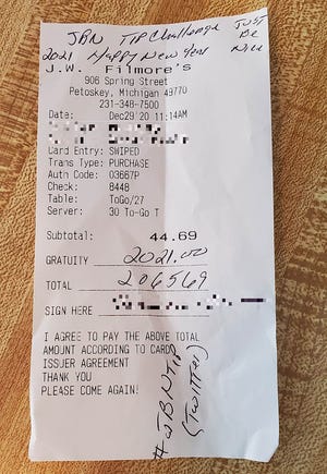 A look at the receipt including a $2,021 tip for Becky Beer of J.W. Filmore’s Family Restaurant in Petoskey, Mich.