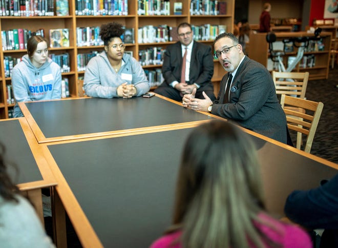 State Commissioner of Education Miguel Cardona speaks with Berlin High School students while on a tour of the school on Jan. 28, 2020. Cardona met with students to hear about the issues they face and visited classrooms at the high school and Griswold Elementary School.