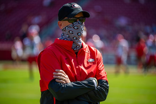 Georgia offensive coordinator Todd Monken at a game at Arkansas on Saturday, Sept. 26, 2020