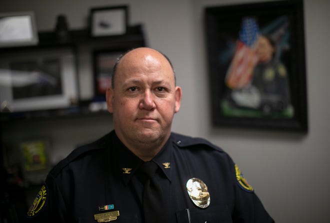 Springdale Police Chief Thomas Wells, talks about the importance of first responders getting mental health treatment, Monday, Dec. 7, 2020. Officer Kaia Grant was killed in the line of duty March 21, 2020. It was the department's first death. Wells sought treatment from Hope for Heroes program through Becket Springs after the tragedy. Grant was trying to help stop a suspect involved in a chase on the highway, when authorities say the suspect swerved and hit her.
