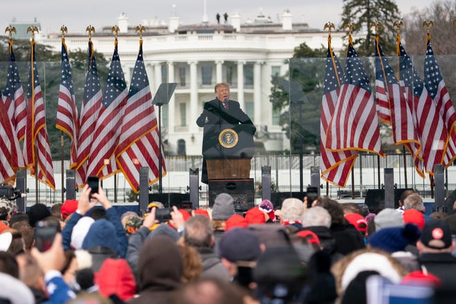 President Donald Trump speaks during a rally protesting the electoral college certification of Joe Biden as president, Wednesday, Jan. 6, 2021, in Washington.