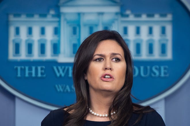 Former White House press secretary Sarah Huckabee Sanders speaks during a press briefing at the White House in Washington, D.C.