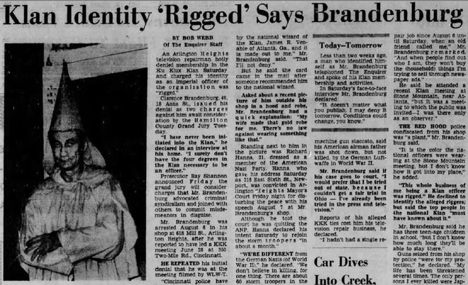 Sept. 20, 1964 Enquirer story about Clarence Brandenburg after his arrest in connection with a Ku Klux Klan rally in Cincinnati. In the story, he denied membership in the group, but at trial he was identified as being part of the rally.