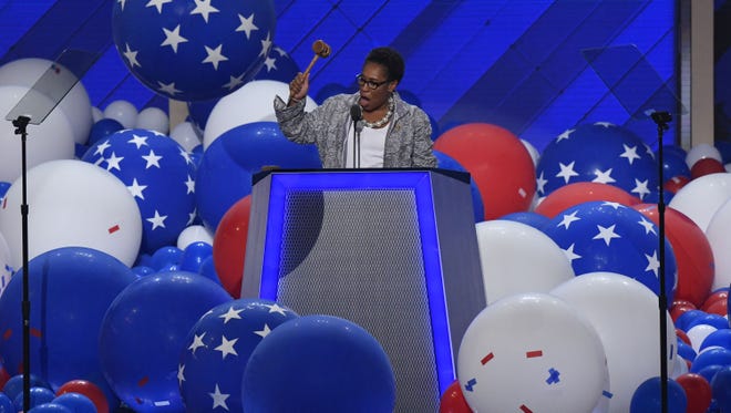 Rep. Marcia Fudge, D-OH, bangs the gavel to end the 2016 Democratic National Convention.