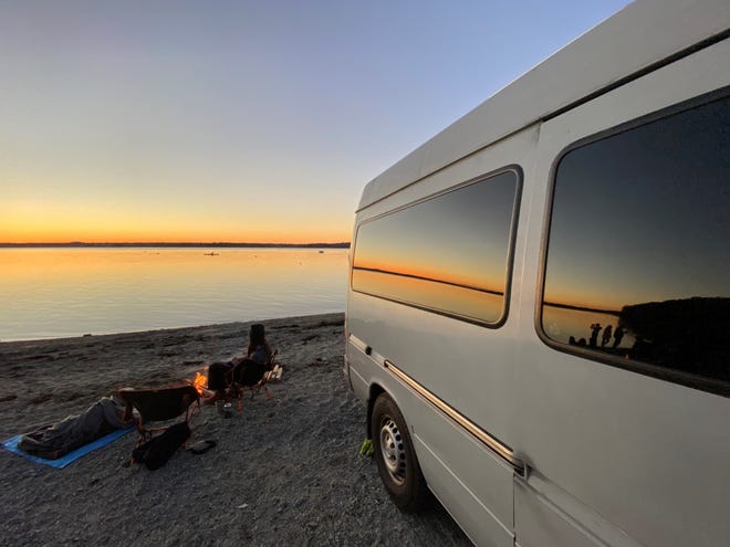 During the COVID-19 pandemic, Corey and JennaLynn Self upgraded a used Mercedes-Benz Freightliner Sprinter van into a vehicle fit for life on the road. They've since left their apartment in Washington, D.C. to work remotely from their van in destinations throughout the country, showcasing their adventures on Instagram @drivingourselfs.