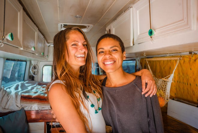 Married couple Abigail (left) and Natalie Rodriguez travel the country living in their converted Mercedes-Benz Sprinter van and showcasing their adventures on Instagram @letsplayrideandseek.
