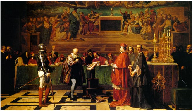 Astronomer Galileo Galilei on trial before the Inquisition in 1633.