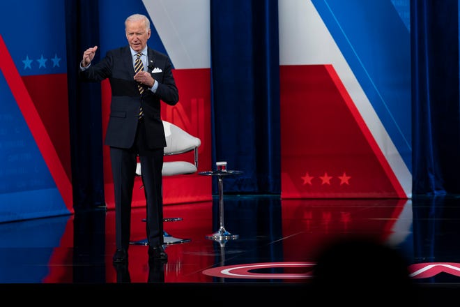 President Joe Biden participates in a televised town hall event at Pabst Theater, Tuesday, Feb. 16, 2021, in Milwaukee.