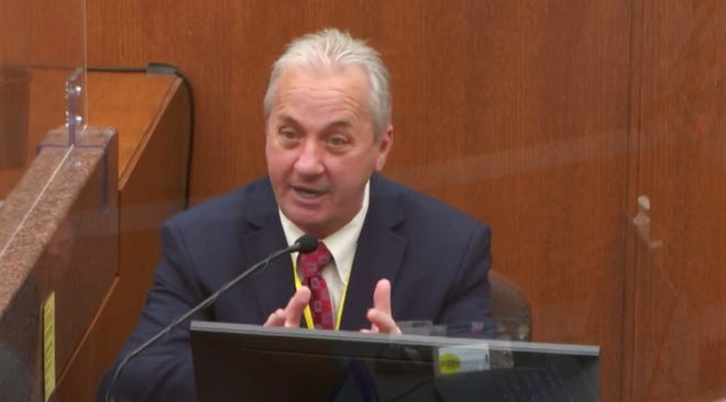 In this image from video, witness Lt. Richard Zimmerman of the Minneapolis Police Department testifies.