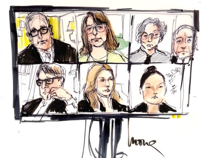 This courtroom sketch shows Britney Spears' public defender Samuel Ingham (top left), Britney Spears' professional care manager Jodi Montgomery (top center) and other participants, virtually appearing on a screen, during the hearing of Britney Spears' guardianship case in the Los Angeles County Courthouse on June 23, 2021.
