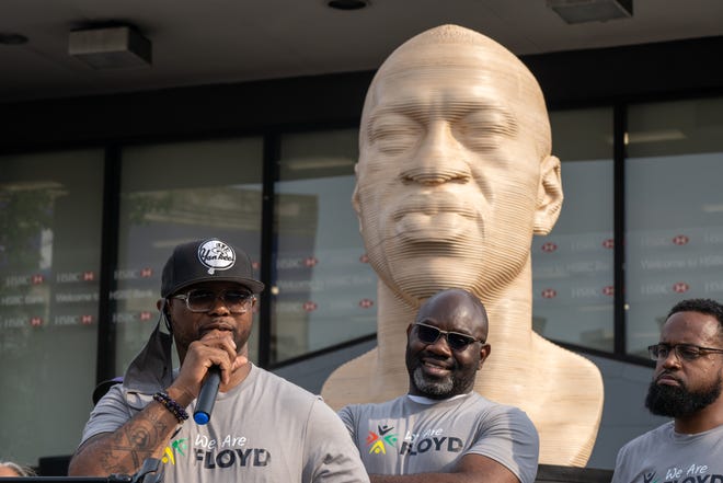 Terrance Floyd speaks at the unveiling of a statute dedicated to his brother George Floyd at Flatbush Junction on June 19, 2021, in the Brooklyn borough of New York City.