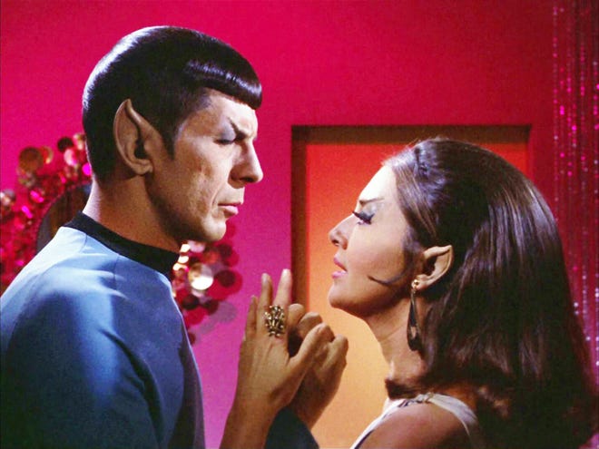 Joanne Linville, right, who played a Romulan commander who gets involved with Mr. Spock (Leonard Nimoy) in a memorable 1968 "Star Trek" episode, died June 20 at the age of 93. She appeared in more than 100 TV shows and films during a long acting career.