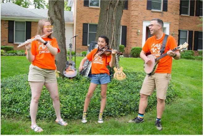 Make Music Cincinnati co-founders, Hayley and Brandon Voorhees (pictured with their daughter), started the free summer music celebration as a way to support music education and musical activities by making music accessible to all people in Cincinnati.