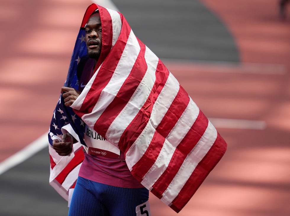 Silver medalist Rai Benjamin (USA) after the men's 400m hurdles during the Tokyo 2020 Olympic Summer Games at Olympic Stadium.