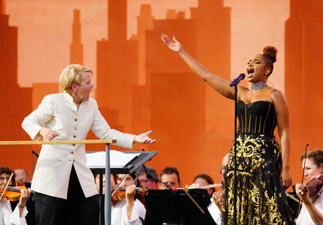 Jennifer Hudson performs with the New York Philharmonic (conducted by Marin Alsop) during the We Love NYC: The Homecoming Concert at Central Park, Great Lawn on Aug. 21, 2021 in New York City.
