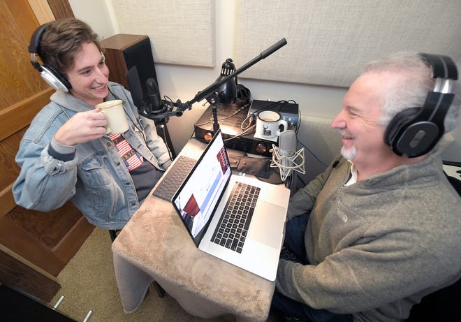 Campbell Valentine, left, does most of the work for his father-son podcast, The PodGOATs, with conservative radio personality Phil Valentine