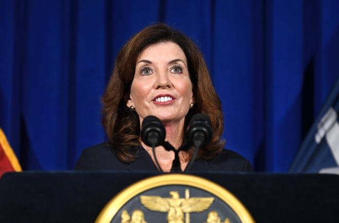 New York Lt. Gov. Kathy Hochul gives a news conference at the state Capitol, Wednesday, Aug. 11, 2021 in Albany, N.Y. Hochul is preparing to take the reins of power after Gov. Andrew Cuomo announced he would resign from office.
