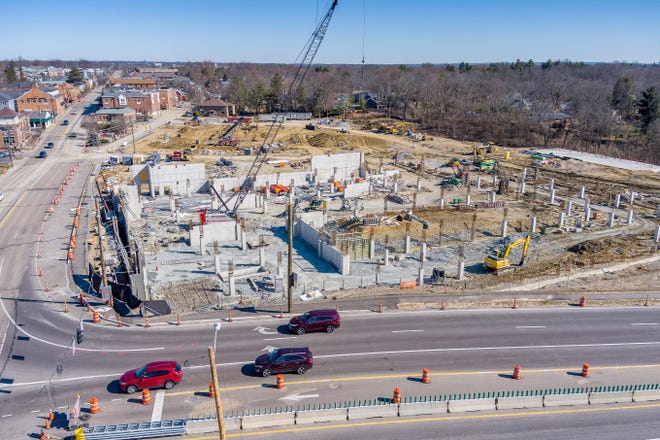 Here's an aerial photo taken in March of the Montgomery Quarter development site, showing construction underway on a 544-space parking garage.
