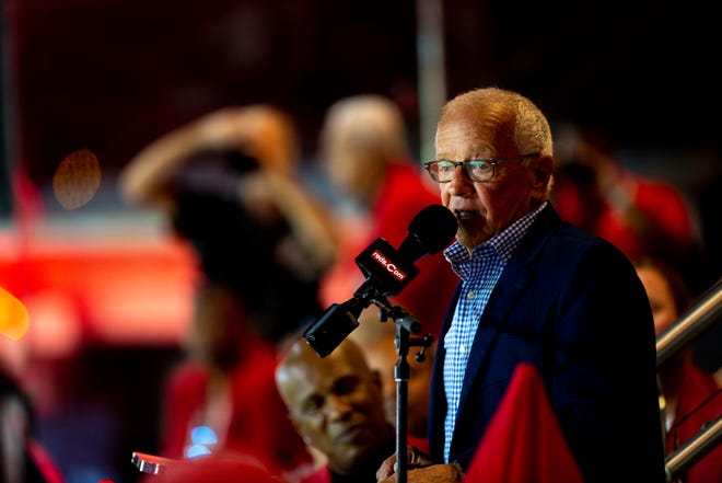 Marty Brennaman gives his acceptance speech during the 2021 Reds Hall of Fame induction ceremony for Marty Brennaman on Friday, Aug. 27, 2021, at Great American Ball Park in Cincinnati. 