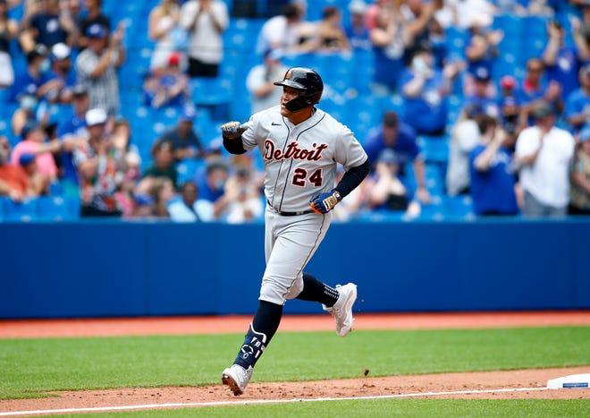 Miguel Cabrera rounds the bases  after hitting his 500th career home run in the sixth inning of Sunday's game against the Toronto Blue Jays at Rogers Centre