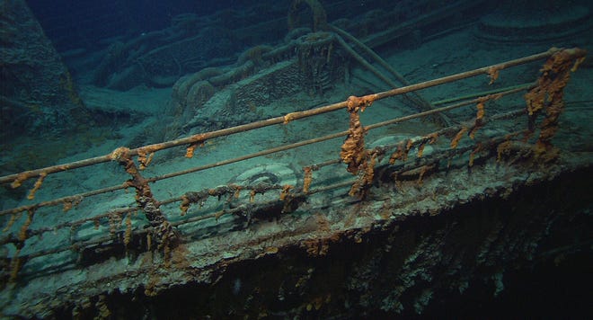 Photo released by the Institute for Archaeological Oceanography & Institute for Exploration / University of Rhode Island Grad. School of Oceanography showing the Titanic's Port bow rail, chains (center), and an auxiliary anchor boom, at far left. Dr. Robert Ballard, the man who found the remains of the Titanic nearly two decades ago has returned to the site, and is lamenting damage done by visitors and souvenir hunters.