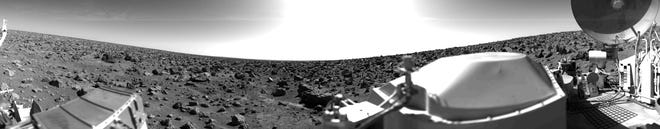 A rocky panoramic scene of the Mars surface, taken Sept. 3, 1976, by the Viking Lander 2.