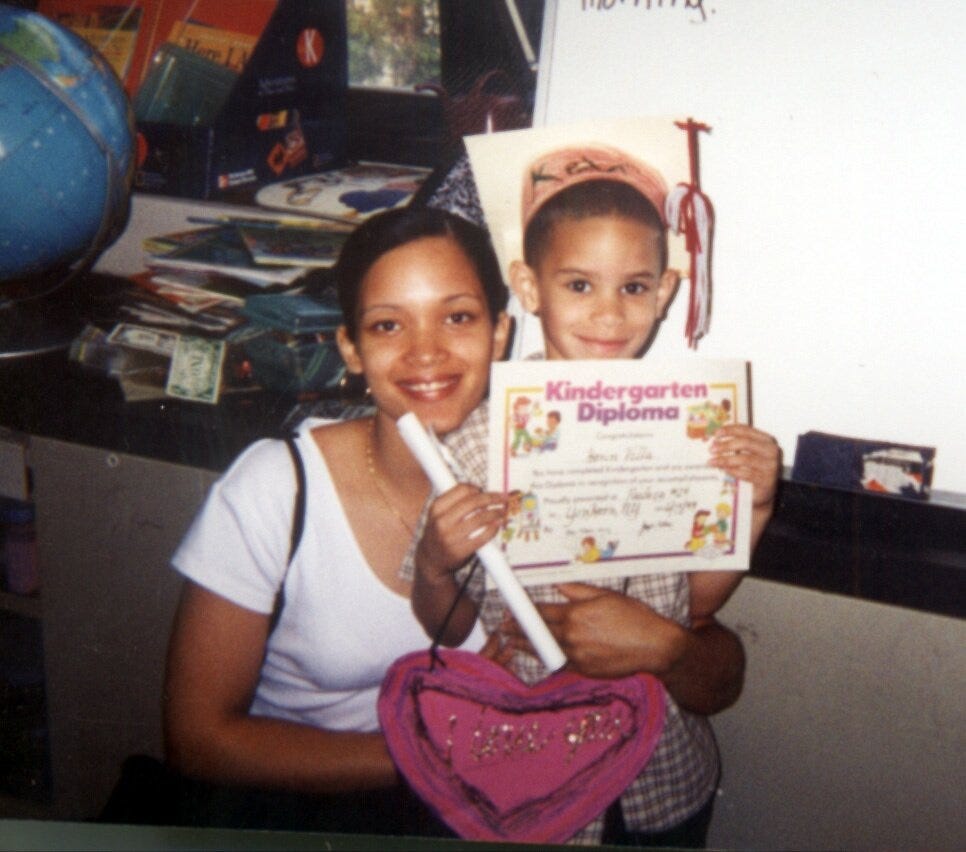 Yamel Merino with her son, Kevin Villa, on the occasion of his kindergarten graduation on June 17, 1999. Twenty years after he lost his mother in the terrorist attacks on the World Trade Center, Villa has found his voice in telling his mother's story, but he says he cannot remember what his mother's voice sounded like.