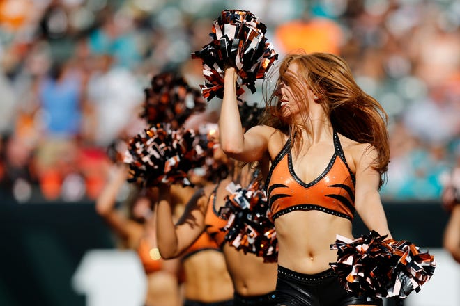 The Ben-Gals cheerleaders perform after the first quarter of the NFL Preseason Week 3 game between the Cincinnati Bengals and the Miami Dolphins at Paul Brown Stadium in downtown Cincinnati on Sunday, Aug. 29, 2021. 