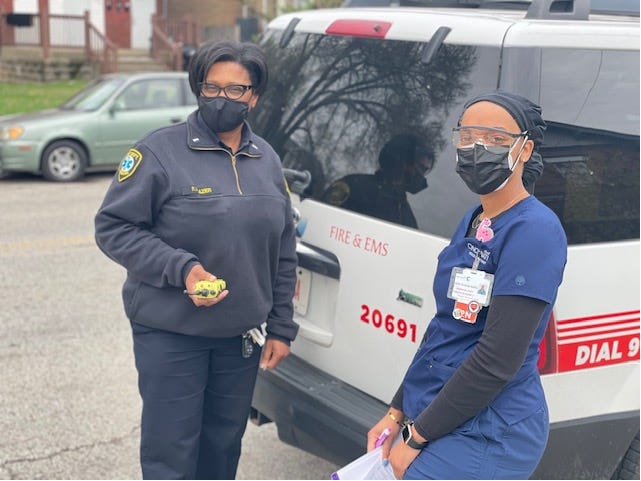 Cincinnati Fire Department and Health Department partner in the COVID-19 crisis. Here, firefighter Falencia Fraizer and nurse Kemi Goode-Mayo join for community education in neighborhoods on fire prevention and the COVID-19 vaccine.