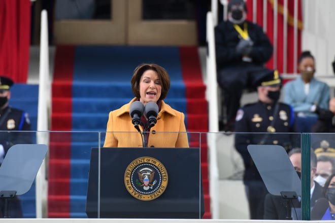 Sen. Amy Klobuchar addresses the 2021 Presidential Inauguration of President Joe Biden and Vice President Kamala Harris at the U.S. Capitol.