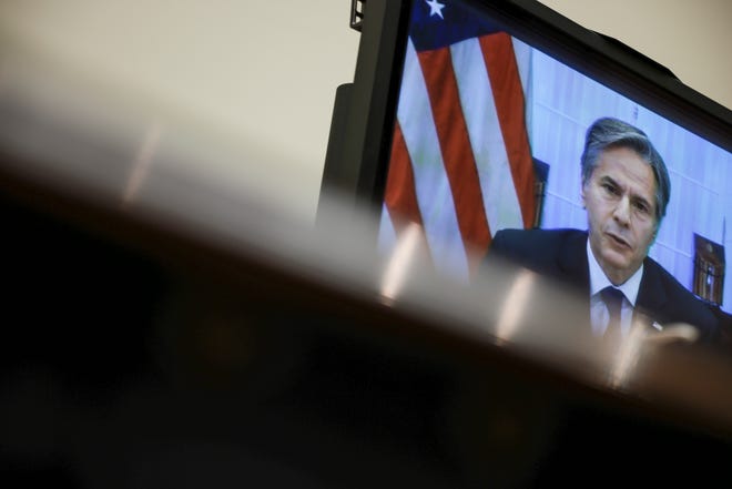 U.S. Secretary of State Antony Blinken testifies virtually in a House Foreign Affairs Committee on Capitol Hill on September 13, 2021 in Washington, DC. The committee questioned Blinken about the steps President Joe Biden's administration took during the withdrawal of troops in Afghanistan.