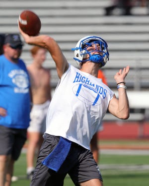 Highlands quarterback Charlie Noon attempts a pass during the seven-on-seven practice with Anderson, Madeira, Highlands and Trotwood high schools at Anderson High School July 27, 2021.