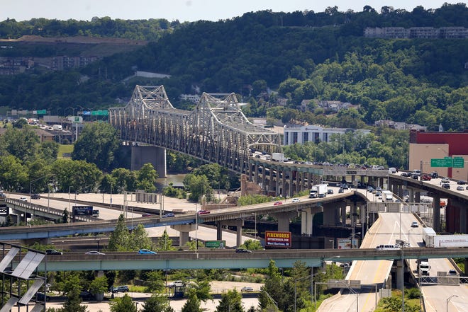 View of the Brent Spence Bridge, carrying Interstate 75 traffic from Ohio into Kentucky, Friday, June 19, 2020, in Cincinnati.