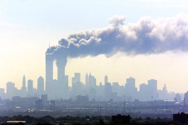 The World Trade Center as seen from the Eagle Rock Reservation in Essex County, N.J., on Sept 11, 2001.