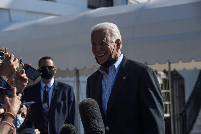 US President Joe Biden speaks to the press before departing the White House to visit New York and New Jersey following Hurricane Ida in Washington, DC, on September 7, 2021.