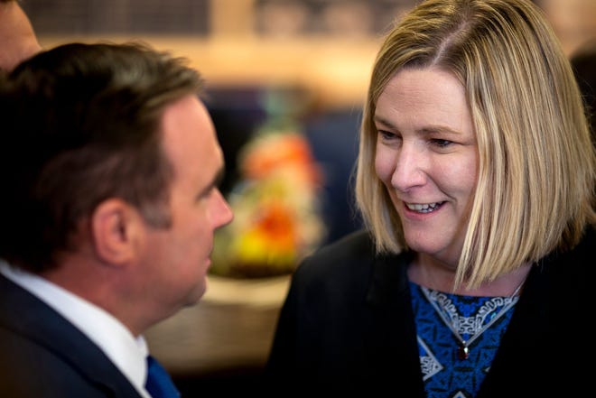 Dayton Mayor Nan Whaley talks with Cincinnati Mayor John Cranley before an October 2019 press conference at Graeter's in Westerville just before the Democratic presidential debate at nearby Otterbein University.