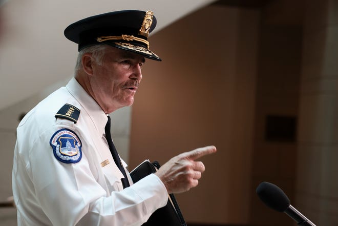 U.S. Capitol Police Chief Tom Manger speaks to reporters after attending a classified briefing with congressional leaders on the security preparations for a rally taking place this weekend on Capitol Hill on September 13, 2021 in Washington, D.C.