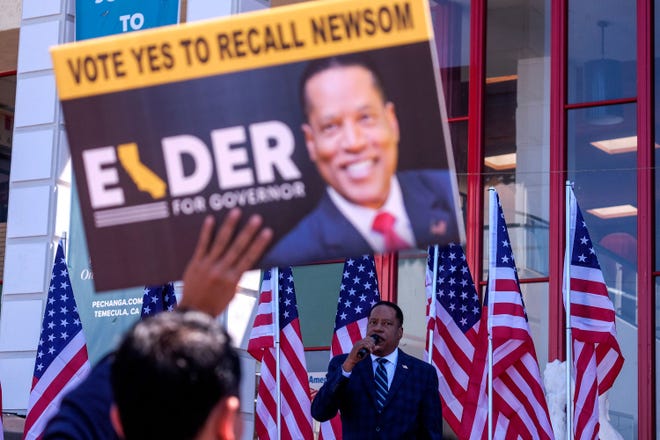 Republican gubernatorial candidate Larry Elder speaks to supporters during an Asian Rally for Yes Recall at the Asian Garden Mall in Little Saigon, Westminster, California, on September 4, 2021.