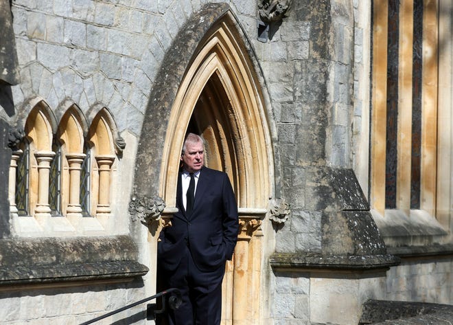 Prince Andrew attends Sunday service at the Royal Chapel of All Saints at Royal Lodge, Windsor, following the death announcement of his father, Prince Philip, April 11, 2021.