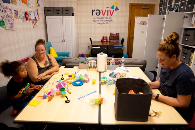 Tricia Lusher, right, Reviv programs director, plays with play dough with Czarina Green, 4, of Westfield, Ind., and her mother, Brittany Hall, on Friday, Aug. 27, 2021, at Reviv in Cincinnati. Green was visiting Reviv Family Support Services in between appointments at Cincinnati Children's Hospital Medical Center. "We can come here instead of sitting in the car in-between appointments," Hall said. Reviv is a nonprofit that helps families with medically fragile children.