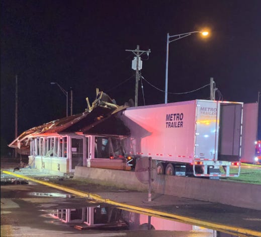 A semi left the roadway on I-74 Westbound at the Indiana/Ohio state line, crashing through the scalehouse at the West Harrison weigh station Wednesday morning