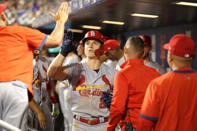 St. Louis Cardinals left fielder Tyler O'Neill (27) celebrates with teammates in the dugout after hitting a two run home run against the New York Mets during the eighth inning at Citi Field on Sept. 14.