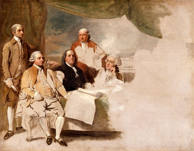Artist Benjamin West depicts the United States delegation at the Treaty of Paris—John Jay, John Adams, Benjamin Franklin, Henry Laurens and William Temple Franklin—but the British delegation refused to pose, and the painting was never completed.