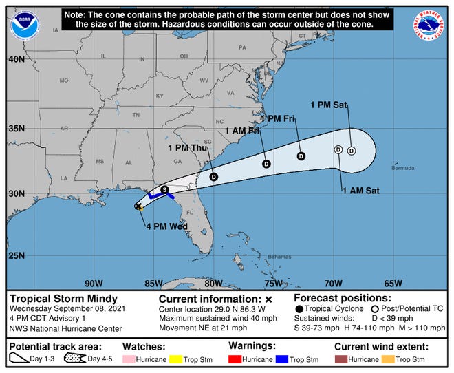 The forecast track of Tropical Storm Mindy shows it crossing Florida overnight Wednesday into Thursday morning.