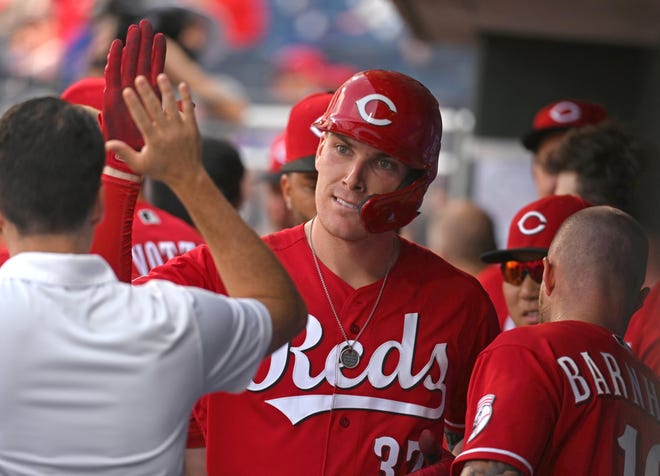 Aug 15, 2021; Philadelphia, Pennsylvania, USA; Cincinnati Reds catcher Tyler Stephenson (37) celebrates his two-run home run in the dugout during the eighth inning against the Philadelphia Phillies at Citizens Bank Park. Mandatory Credit: Eric Hartline-USA TODAY Sports