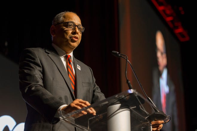 Neville G. Pinto, president of the University of Cincinnati, spoke to the audience about the two recipients of the William Howard Taft Medal for Notable Achievement on Thursday, April 4, 2019.