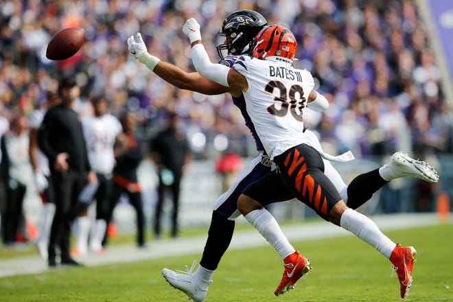 Cincinnati Bengals free safety Jessie Bates (30) breaks up a pass intended for Baltimore Ravens tight end Mark Andrews (89) in the second quarter of the NFL Week 7 game between the Baltimore Ravens and the Cincinnati Bengals at M&T Bank Stadium in Baltimore on Sunday, Oct. 24, 2021. The Bengals led 13-10 at halftime. 