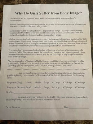 A photo of the letter that Ashley Heun posted to her Facebook page. The letter discusses body image in middle school girls and offers shapewear and bras.